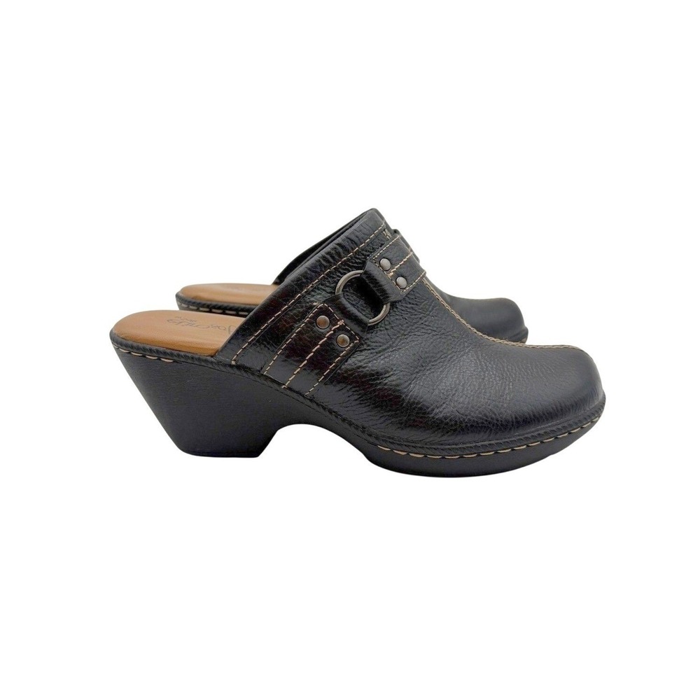 Eurösoft Söfft Womens Black Leather Platform Clog Mules Y2K Chunky Comfort 7.5